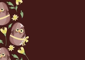 poster template with an icon of a brown owl sitting in a brown egg with a bow and with colorful flowers on a brown background, design for Easter decorations vector