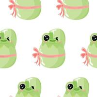 seamless pattern with icon of green frog sitting in green egg with bow, design for Easter decorations vector