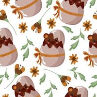 seamless pattern with an icon of a brown bear sitting in a brown egg with a bow and brown flowers, design for Easter decoration vector