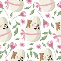 seamless pattern with icons of a spotted cat sitting in a white egg with a bow and colorful flowers, design for Easter decorations vector
