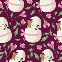 seamless pattern with icons of a spotted cat sitting in a white egg with a bow and colorful flowers on a pink background, design for Easter decorations vector