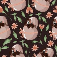 seamless pattern with an icon of a brown bull sitting in a brown egg with a bow and brown flowers on a brown background, design for Easter decorations vector