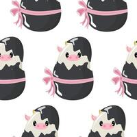 seamless pattern with an icon of a spotted cow sitting in a black egg with a bow, design for Easter decorations vector