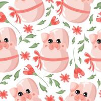 seamless pattern with an icon of a pink pig sitting in a pink egg with a bow and colorful flowers, design for Easter decorations vector
