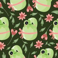 seamless pattern with icon of green frog sitting in green egg with bow and pink flowers on green background, design for Easter decorations vector