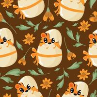 seamless pattern with an icon of an orange tiger sitting in an orange egg with a bow with orange flowers on an orange background, design for Easter decorations vector