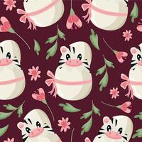 seamless pattern with a zebra icon sitting in a white egg with a bow and pink flowers on a pink background, design for Easter decorations vector