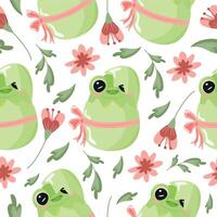 seamless pattern with icon of green frog sitting in green egg with bow and pink flowers, design for Easter decorations vector