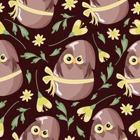 seamless pattern with an icon of a brown owl sitting in a brown egg with a bow and with colorful flowers on a brown background, design for Easter decorations vector