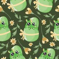 seamless pattern with green dragon icon sitting in green egg with bow and yellow flowers on green background, design for Easter decorations vector