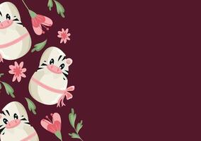 poster with a zebra icon sitting in a white egg with a bow and pink flowers on a pink background, design for Easter decorations vector