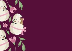 poster template with icons of a spotted cat sitting in a white egg with a bow and colorful flowers on a pink background, design for Easter decorations vector