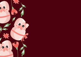 poster template with an icon of a pink pig sitting in a pink egg with a bow and colorful flowers on a pink background, design for Easter decorations vector