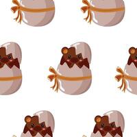 seamless pattern with icon of brown bear sitting in brown egg with bow, design for Easter decorations vector