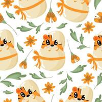 seamless pattern with an icon of an orange tiger sitting in an orange egg with a bow with orange flowers, design for Easter decorations vector