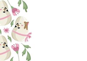 poster template with icons of a spotted cat sitting in a white egg with a bow and colorful flowers, design for Easter decorations vector