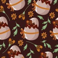 seamless pattern with an icon of a brown bear sitting in a brown egg with a bow and brown flowers on a brown background, design for Easter decorations vector