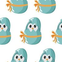 seamless pattern with an icon of a blue penguin sitting in a blue egg with a bow, design for Easter decorations vector