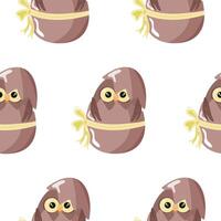 seamless pattern with an icon of a brown owl sitting in a brown egg with a bow, design for Easter decorations vector