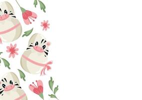 poster with a zebra icon sitting in a white egg with a bow and pink flowers, design for Easter decorations vector