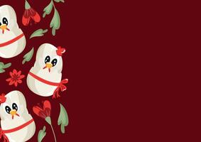 poster with an icon of a white rooster sitting in a white egg with a bow and red flowers on a red background, design for Easter decorations vector