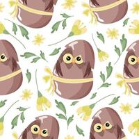 seamless pattern with an icon of a brown owl sitting in a brown egg with a bow and with colorful flowers, design for Easter decorations vector