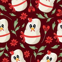 seamless pattern with an icon of a white rooster sitting in a white egg with a bow and red flowers on a red background, design for Easter decorations vector