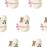 seamless pattern with icons of a spotted cat sitting in a white egg with a bow, design for Easter decorations vector