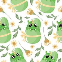 seamless pattern with icon of green dragon sitting in green egg with bow and yellow flowers, design for Easter decorations vector