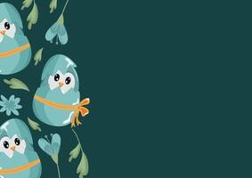 poster template with a blue penguin icon sitting in a blue egg with a bow and colorful flowers on a blue background, design for Easter decorations vector