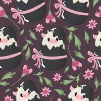 seamless pattern with an icon of a spotted cow sitting in a black egg with a bow and pink flowers on a pink background, design for Easter decoration vector