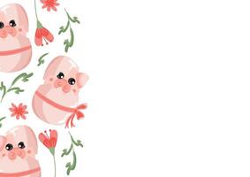 poster template with an icon of a pink pig sitting in a pink egg with a bow and colorful flowers, design for Easter decorations vector