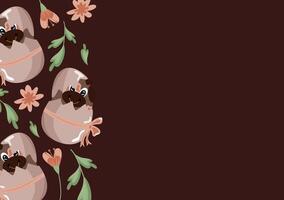 poster with an icon of a brown bear sitting in a brown egg with a bow and brown flowers on a brown background, design for Easter decorations vector