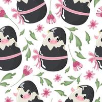 seamless pattern with an icon of a spotted cow sitting in a black egg with a bow and pink flowers, design for Easter decorations vector