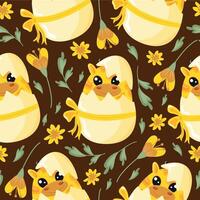seamless pattern with icons of a yellow giraffe sitting in a yellow egg with a bow with colorful flowers on a brown background, design for Easter decorations vector