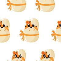 seamless pattern with an icon of an orange tiger sitting in an orange egg with a bow, design for Easter decorations vector