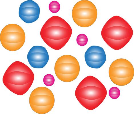 Abstract patterns with round and diamond shapes in red, blue, orange and pink on a white background, give a cheerful and modern impression