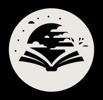 A black and white logo of an open book with clouds and a moon vector