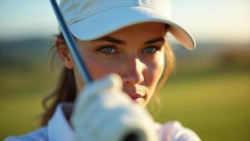 Female golfer concentrating on the course during golden hour photo