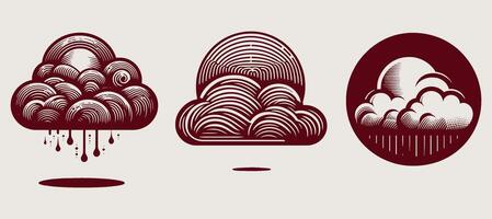 Three different types of clouds in different shapes on grey. vector