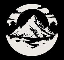 A mountain with trees and a sun in the background on a dark. vector