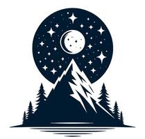 A mountain with trees and a moon in the sky illustration. vector