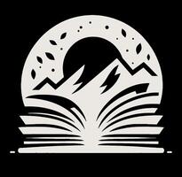 An open book with mountains and a moon. vector