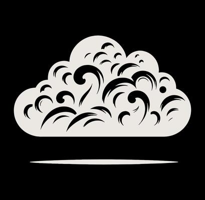 A black and white illustration of a cloud with swirls on black.