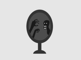 a chilling scene of a ghostly figure with sharp teeth and outstretched hands reflected in an oval mirror against a plain background vector