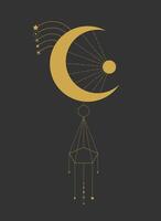 Crescent dreamcatcher. Golden celestial emblem. Decorative space element vector