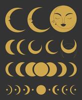 Collection of crescent and moon celestial emblems. Crescents with human face, moon phases, eclipse. Decorative space elements vector
