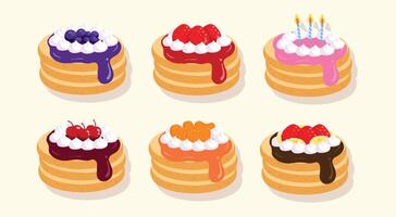 Illustration of Pancake Stacks with Various Fruit Toppings and Whipped Cream vector