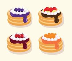 Pancake Stacks with Various Fruit Toppings and Whipped Cream vector