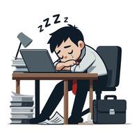 Exhausted businessman sleeping at his desk overloaded with work vector
